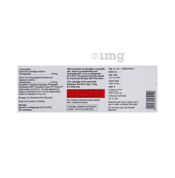 Semasize Plus 1.7mg Solution for Injection (1 Cartridge, 4 Needle, 4 Alcohol Swab) - 2